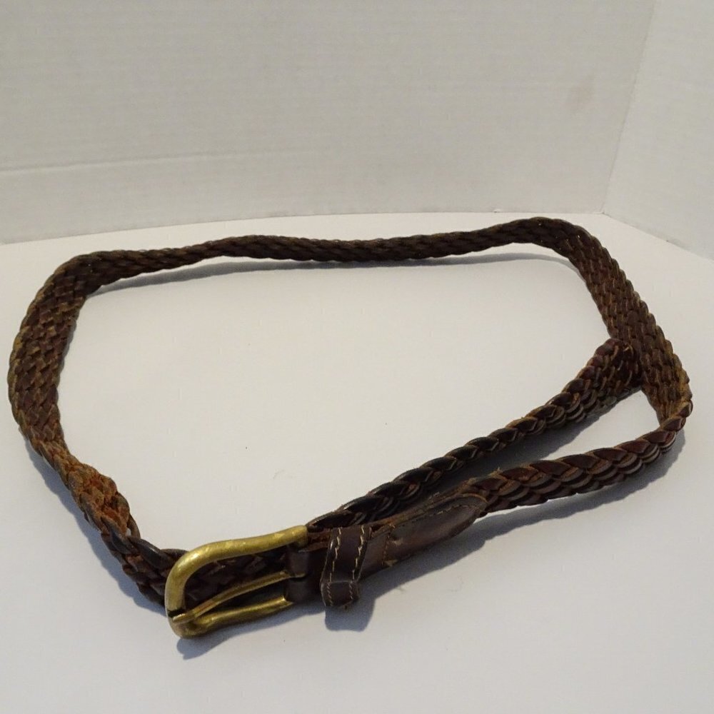 Brown Leather Braided Belt Size M/L Made in Turkey Casual Vintage